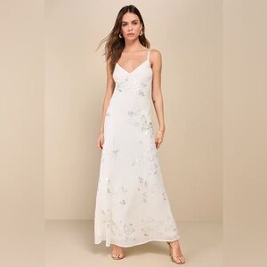 Lulus Blissfully Graceful Ivory Floral Metallic Backless Maxi Dress